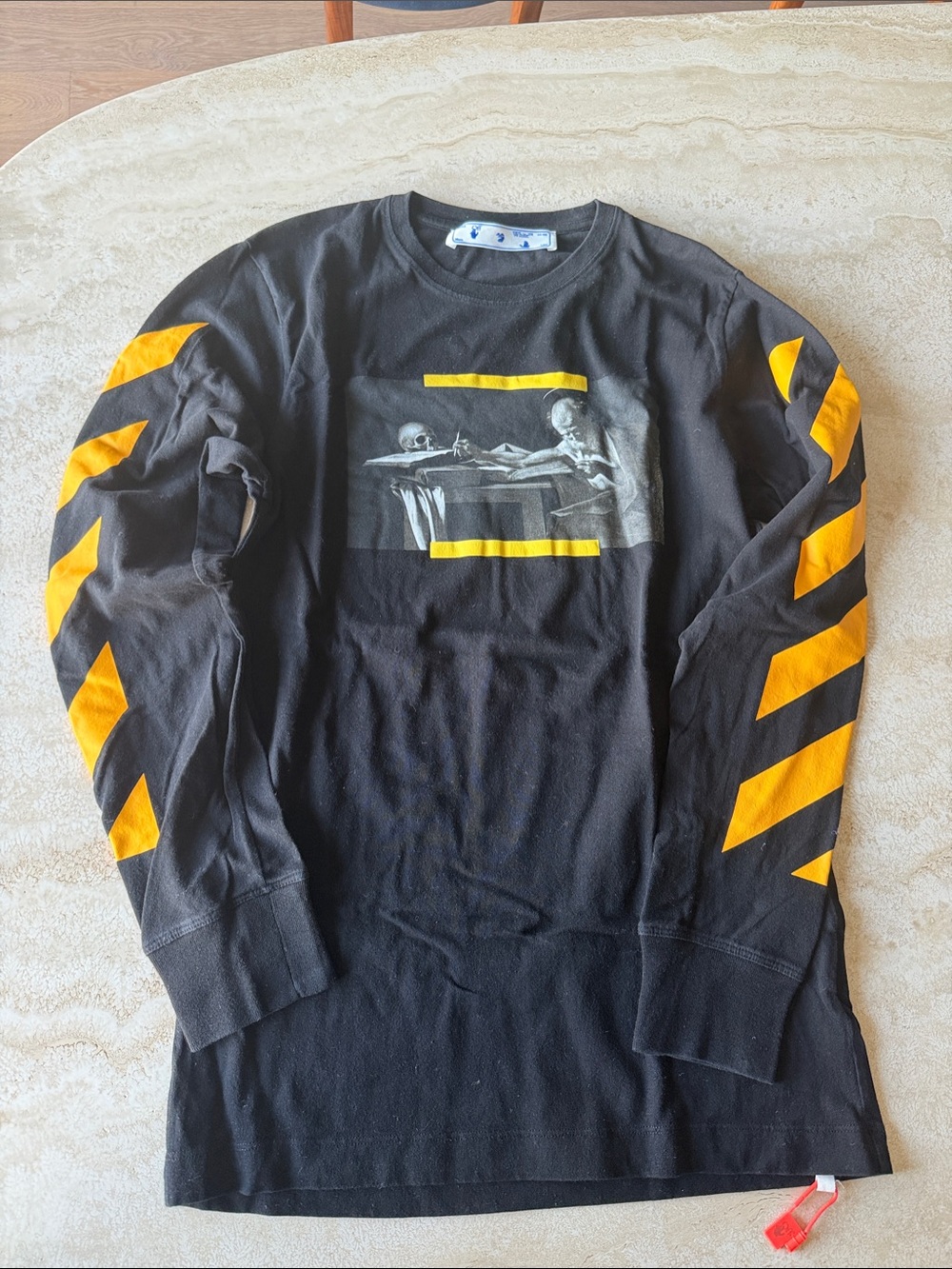 Off-White Black Long Sleeve Graphic Tee with Yellow Accent